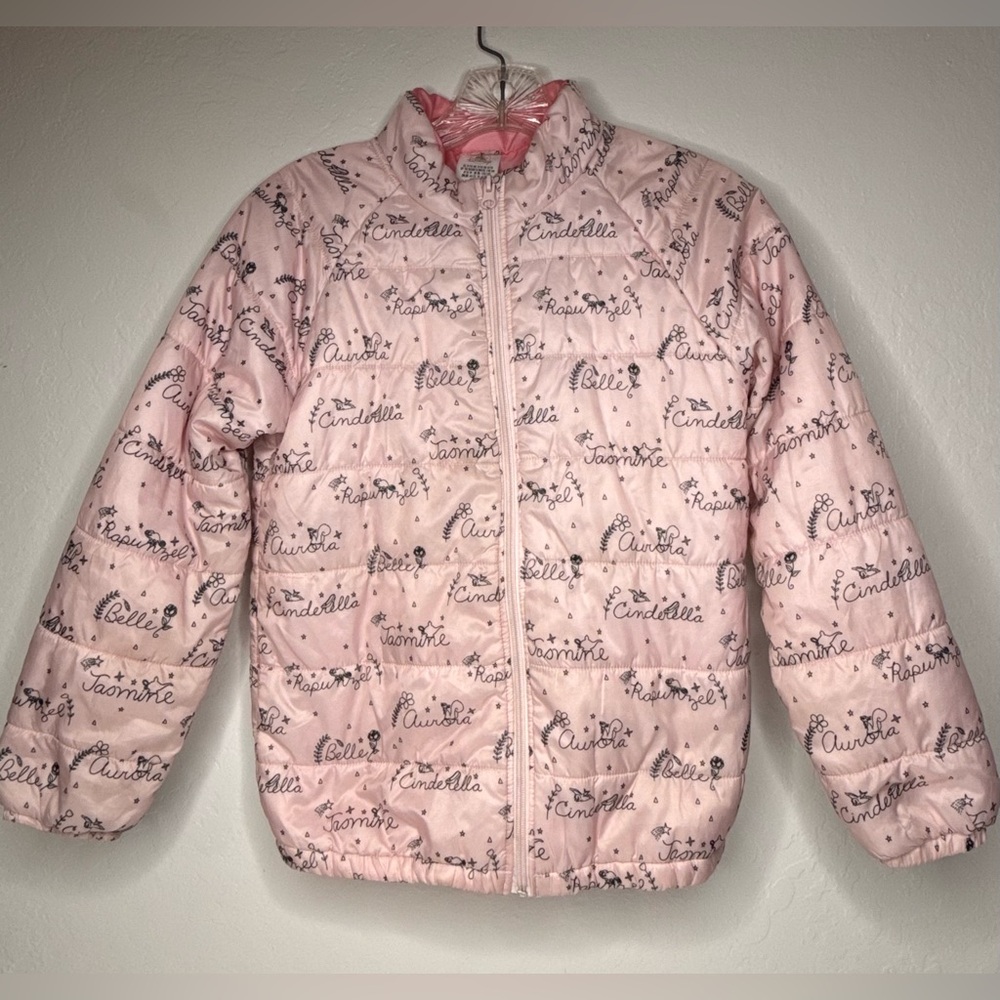 Disney Store Pink Quilted Girls Size 9/10 Coat Puffer Jacket Princess Names